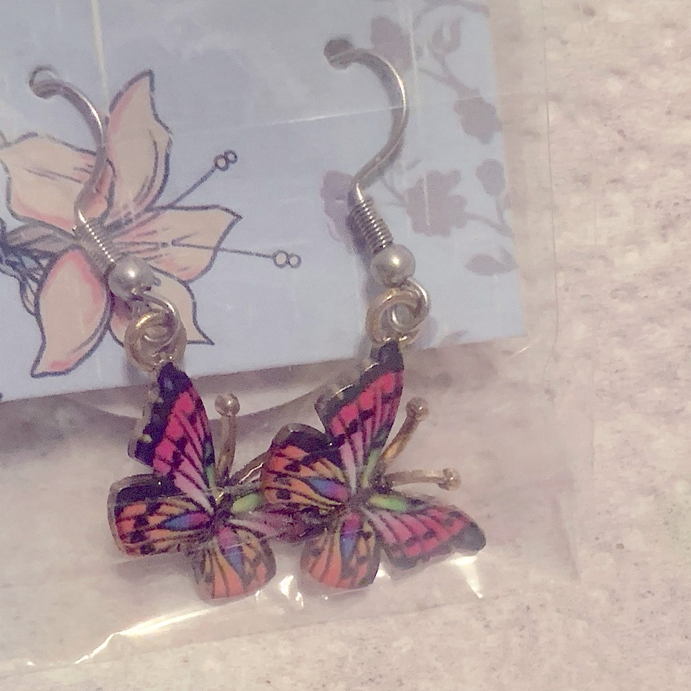 Butterfly Dangle Earrings Blue Enamel Silver Stainless Steel Ear wires NEW